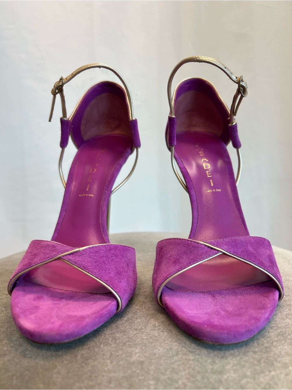 Casadei purple suede Blade high-heeled open toe sandals metallic gold strap 9.5 - Picture 5 of 9